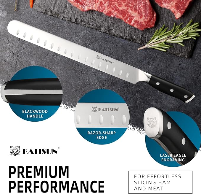 Slicing Carving Knife, 13 Inch Ultra Sharp German Premium Stainless Steel Brisket Knife for Slicing Roasts, Meats, Fruits and Vegetables, Full Cut, Ergonomic Handle Design