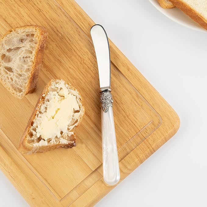 REVERIE Collection 4-piece Stainless Steel Butter Spreader Cheese Knife, Giftable Butter Knives set, Bread Knife set (White Handle)
