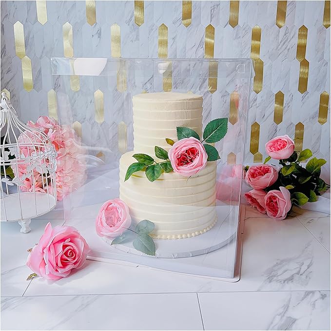 Sweet Degrees Clear Plastic Cake Box 14"x14"x16" | Ribbon Included | Tall Square Cake Carrier with Lid | Reusable Display Container for Tiered Cakes | Ideal for Weddings, Events, and Bakeries