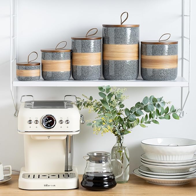 Small Ceramic Jar with Lid, Coffee Container, Coffee Canisters with Airtight Lids Kitchen Food Storage Jars for Spice Sugar Tea Bag, Mini Decorative Jars for Countertop, Grey & 5 fl.oz