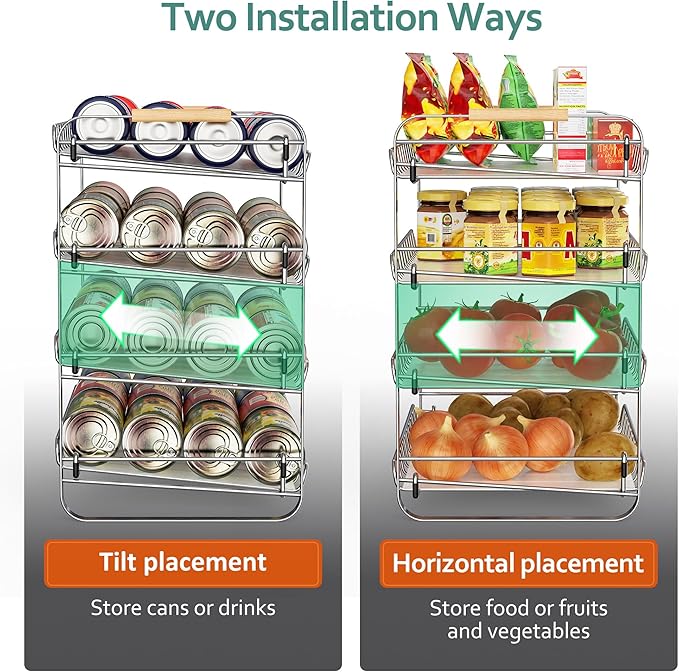 MAXIFFE 4 Tier Can Organizer for Pantry, 16.9" W×11.5" D×16.7" H, Space-Saving Adjustable Metal Hold 40 Standard 12-oz Cans Storage Rack Holder for Countertop Kitchen Soda Drinks Fruits, Chrome