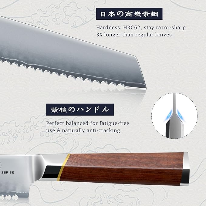Bread Knife 8 inch, Professional Japanese High Carbon Stainless Steel Serrated Bread Knife, Razor Sharp Bread Knife for Homemade Bread, Sourdough, Bagels, Cake