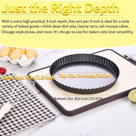 9 Inch Tart Pan with Removable Bottom, Carbon Steel Heavy Duty Nonstick Quiche Pan- Fluted Edges, Loose Bottom, 1.2-Inch Depth for Baking Fruit Tarts, Pies
