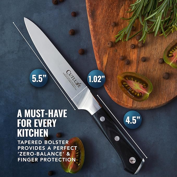 Cutluxe Kitchen Utility Knife, 5.5" Paring Kitchen Knife – Razor Sharp Blade, High Carbon German Steel, Full Tang Ergonomic Handle Design – Artisan Series