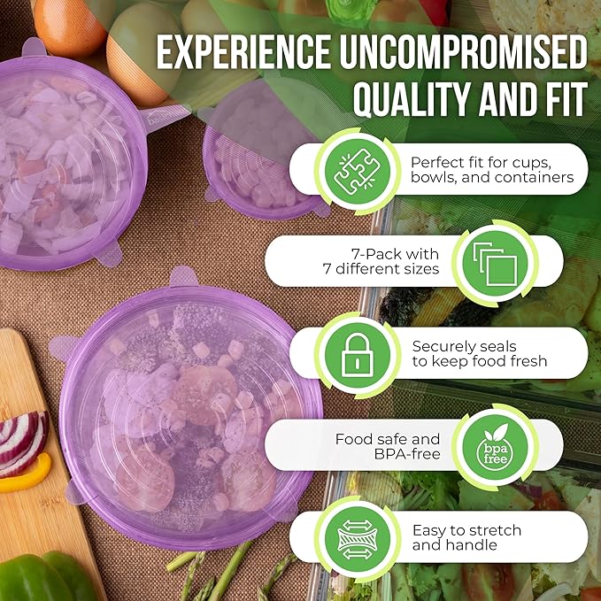 Reusable Silicone Stretch Lids for Food Storage in Fridge - Elastic Heat-Resistant Bowl Covers, Cups, Cans, Jars - Universal Food Grade Lid - Dishwasher Safe -7 Pack-Lavender Bloom Stretchy Lid Set