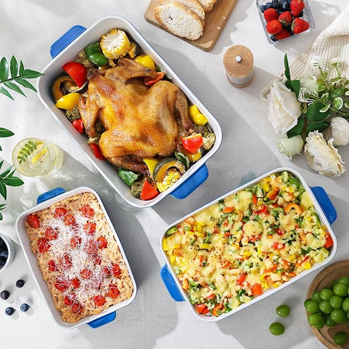 Casserole Dishes for Oven: Ceramic Rectangular Baking Dish, 14.5''/13''/10.5'' Lasagna Pans, Bakeware Sets for Cooking, Kitchen, Cake Dinner, Banquet and Daily Use, Blue