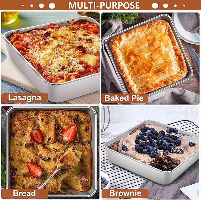 LIANYU 9 x 9 Inch Square Baking Cake Pan Set of 3, Stainless Steel Brownie Bread Cake Molds, Square Bakeware for Lasagna Pie, Oven & Dishwasher Safe