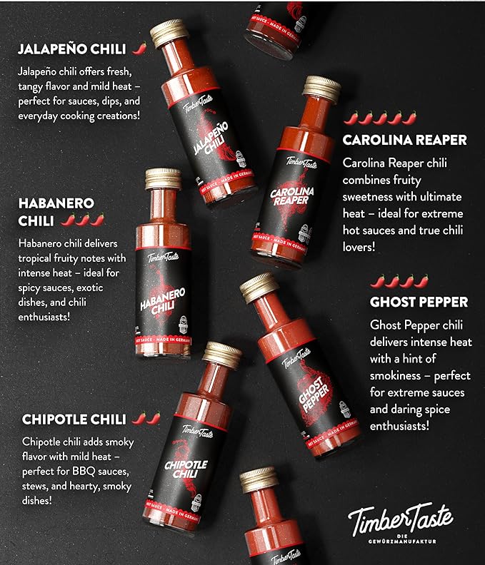 Chili Hot Sauce Bottle Set [5x1.35 oz] - Gifts for Men - For BBQ, Beef, Meat & Spicy Food Lovers - Little Thank You gift for Coworker, teacher, employee or Dad's Birthday by TIMBER TASTE®