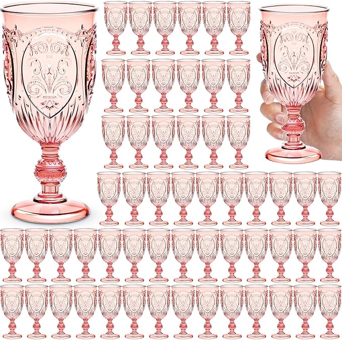 60 Pack Plastic Goblets 10oz Upgrade Vintage Water Goblet Plastic Wine Glasses Colored Retro Embossed Glassware for Party Wine Bar Juice Baby Shower Wedding Reception Grand (Pink)