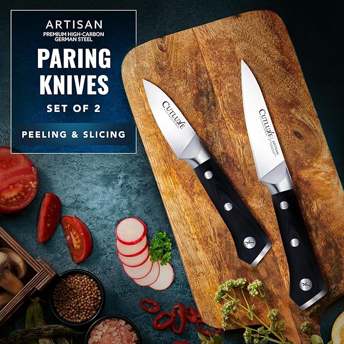 Cutluxe Paring Knife Set – 4" Fruit and 3" Peeling Knives – Small Knife with Razor Sharp Blade – High Carbon German Steel, Full Tang & Ergonomic Handle Design – Artisan Series