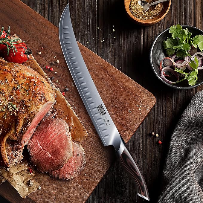 Carving Slicing Knife, 12 Inch Japanese High Carbon Steel Brisket Knife with Ergonomic Pakkawood Handle, Razor Sharp Curved Butcher Breaking Knives for Meat Cutting