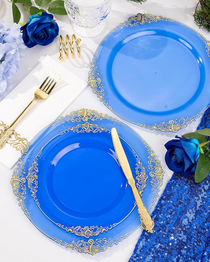 Nervure 350PCS Blue Plastic Plates - Blue Plastic Dinnerware Sets for 50 Guests - 100 Disposable Plates, 150 Gold Silverware, 50 Cups, 50 Napkins for Wedding & Party & Thanksgiving Day