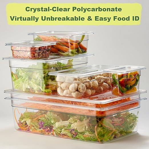 CURTA 6-Pack 1/6 Size 4" Deep NSF Polycarbonate Food Pans | Dishwasher & Freezer Safe Clear Container for Prep Tables, Buffet, Salad Bar, Commercial & Home Kitchen