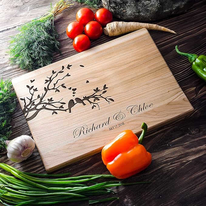 Personalized Maple Wood Cutting Board – Custom Lovebirds Engraving with Couple's Names – 12x16 Inches – Gift for Wedding, Anniversary, Christmas, Housewarming – Great for Parents and Friends