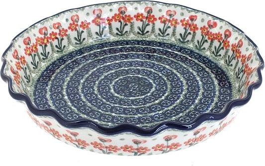 Blue Rose Polish Pottery - Orange Peach Posy Pie Plate - 10" Diameter - Ceramic Baking Dish, For Pies, Quiches & Desserts