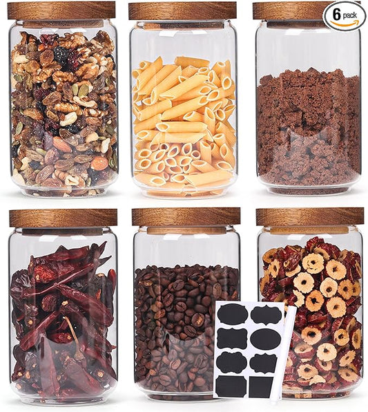 Set of 6 Glass Pantry Storage Jars with Wood Airtight Lid - 23oz Thicken Glass Kitchen Canisters with Reuse Labels&Pen - Glass Food Storage Containers with Wood Lid for Tea,Sugar,Cookie,Coffee