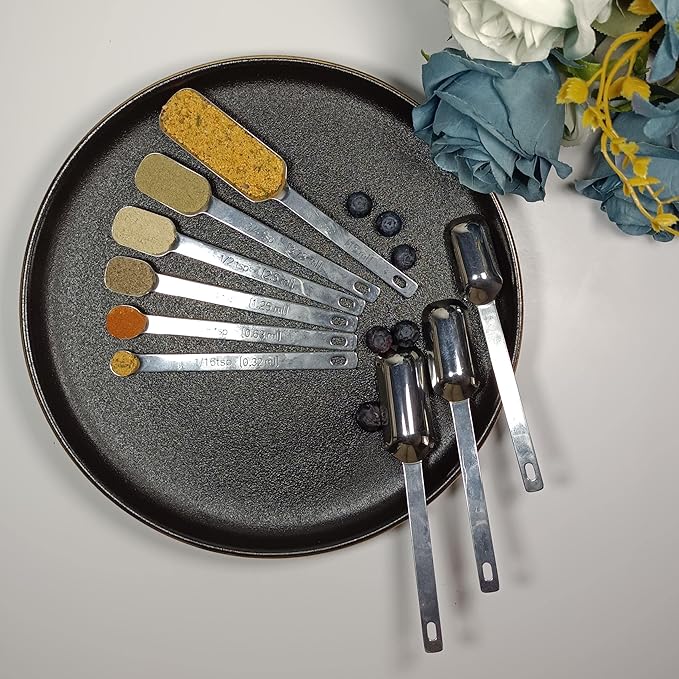 Measuring Spoons Set, 18/8 Stainless Steel Measuring Spoons, Heavy Duty Narrow Metal Measure Spoon with Long Handle, Metric & US Engraved Measurements Set 9 Fits in Spice Jars for Dry or Liquid