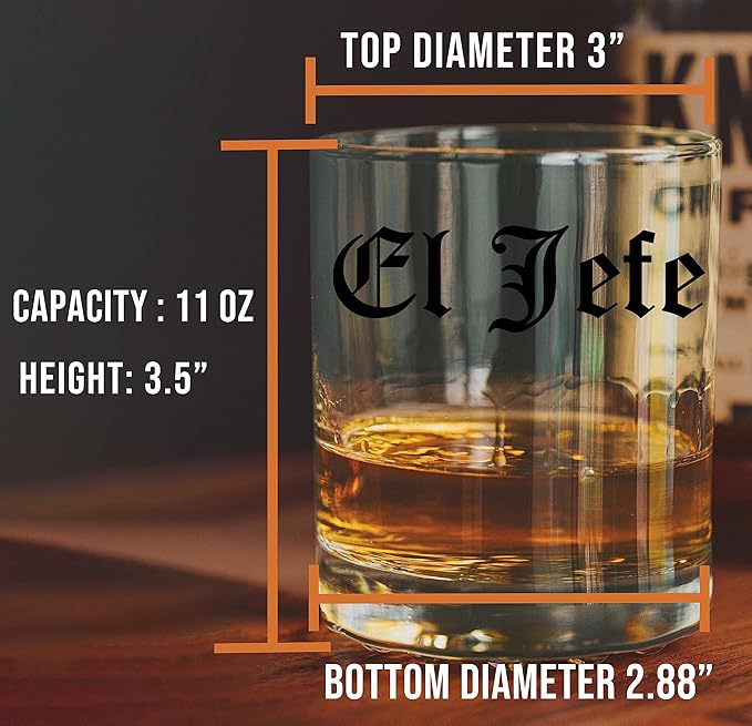 Spotted Dog Company Printed 11oz Whiskey Glass - El Jefe - The Boss - Old Tyme, National Day Gifts Best Ever Funny, Gifts for Him, Boss Gift, Father's Day
