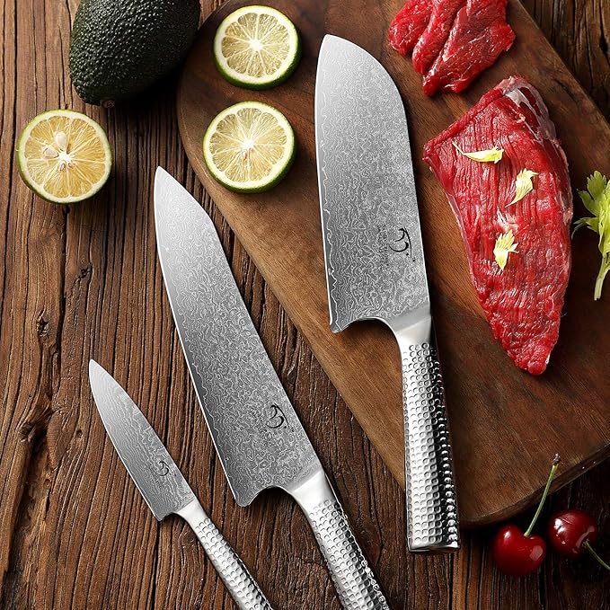 4 Pieces Damascus Kitchen Knife Set With Block - 8" Chef, 7" Santoku, 3.5" Paring, 3 Slots Natural Wood Block, 67 Layer Handmade Damascus VG10 Steel Core, Hammered Ergonomic Handle