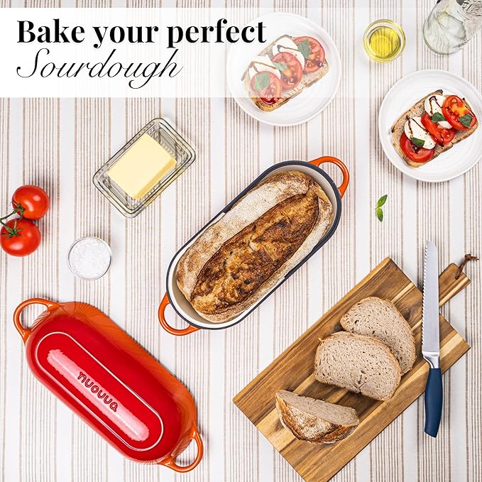 Enamelled Cast Iron Bread Loaf Pot – Dutch Oven For Sourdough Bread Baking – Oven Safe Non Stick Bread Pot – Rectangular, Orange, 34cm x 16cm – by Nuovva
