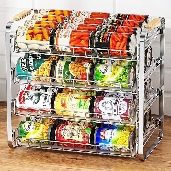 MAXIFFE 4 Tier Can Organizer for Pantry, 16.9" W×11.5" D×16.7" H, Space-Saving Adjustable Metal Hold 40 Standard 12-oz Cans Storage Rack Holder for Countertop Kitchen Soda Drinks Fruits, Chrome