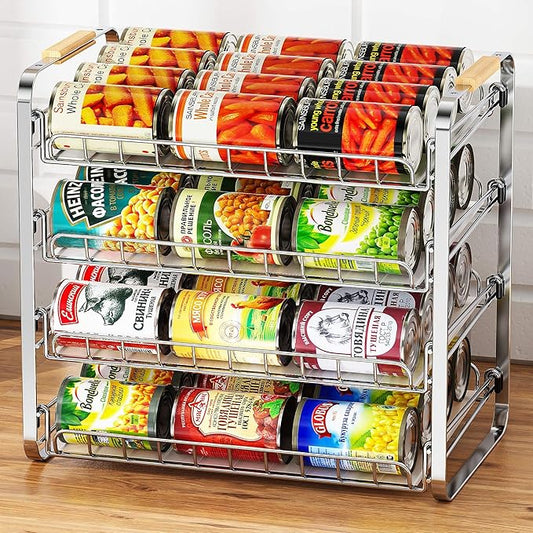 MAXIFFE 4 Tier Can Organizer for Pantry, 16.9" W×11.5" D×16.7" H, Space-Saving Adjustable Metal Hold 40 Standard 12-oz Cans Storage Rack Holder for Countertop Kitchen Soda Drinks Fruits, Chrome