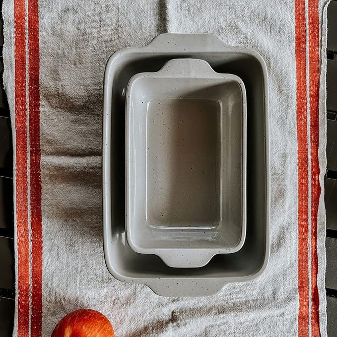 Mora Ceramic Set of 2 Baking Dishes For Casserole, Banana Bread, Brownies, Broiling, Roasting, and Baking. 7x11 in and Loaf Pans - Porcelain Serving Bakeware from Oven to Table. Freezer Safe - Grey