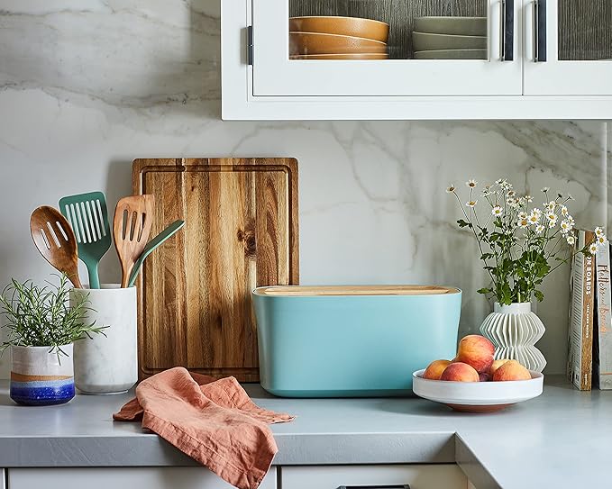 Sonder Los Angeles, Modern Bamboo Fiber and Recycled Plastic Bread Box (Blue Green) for Kitchen Countertop with Reversible Bread Board Wood Lid 14.25 x 9.25 x 7 in