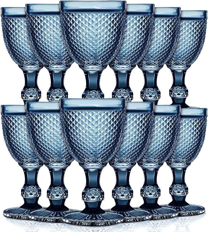 Bokon 12 Pack Blue Glass Goblets Set 10 oz High Clear Wine Glass Vintage Water Goblets Cups Embossed Diamond Design Glassware with Stem for Drinking Juice Liquor Party Wedding Bar