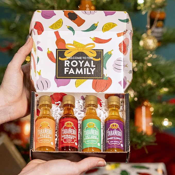 Tabañero Variety Hot Sauce Gift Set, 4 Pack, Kit Includes Peach Bourbon, Sriracha Honey, Key Lime Habanero, Sweet & Spicy, 1.7 oz Mini Glass Bottles, All Natural, Gluten Free, Low Sodium, Vegan, Kosher, Made in the USA