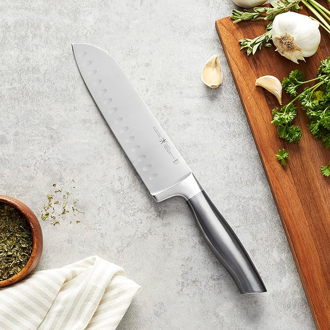 HENCKELS Graphite Razor-Sharp 7-inch Hollow Edge Santoku Knife, German Engineered Informed by 100+ Years of Mastery, Gray