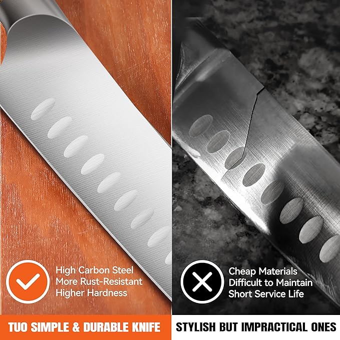 TUO Santoku Knife, 7 inch Japanese Chef Knife for Vegetable Chopping & Meat Dicing, High Carbon German Steel, Ergonomic Handle - Fiery Phoenix Series