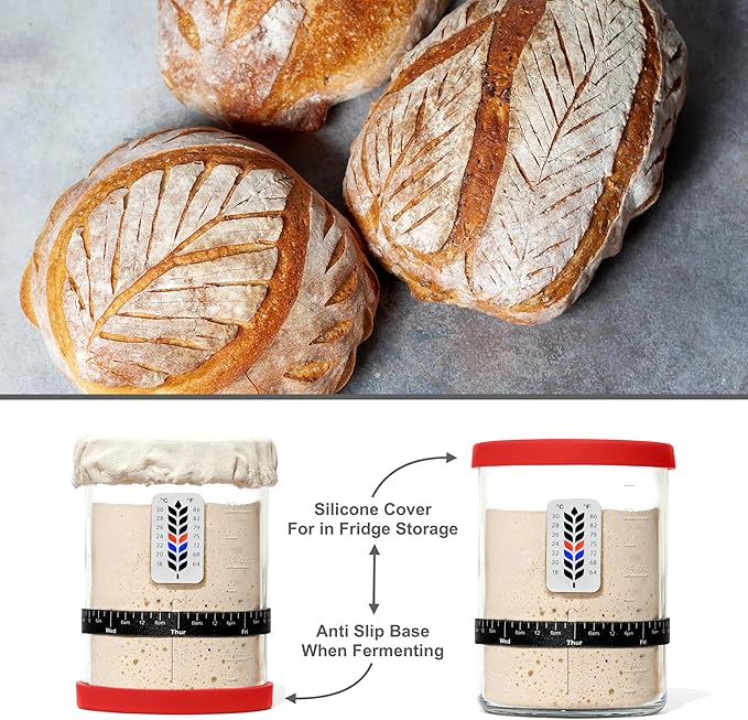 Premium Sourdough Starter Jar - 40oz Large Sourdough Jar with Marked Feeding Band, Thermometer, Scraper, Cloth Cover and Silicone Lid/Base, Wide Mouth Starter Kit - Red