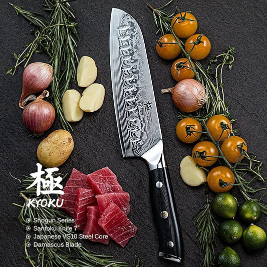 KYOKU Santoku Knife - 7" - Shogun Series - Japanese VG10 Steel Core Forged Damascus Blade - with Sheath & Case