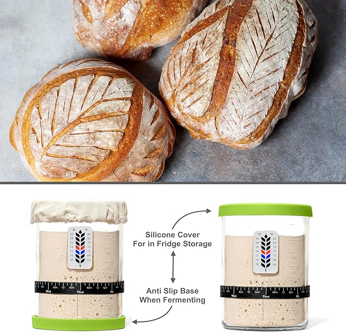 Premium Sourdough Starter Jar - 40oz Large Sourdough Jar with Marked Feeding Band, Thermometer, Scraper, Cloth Cover and Silicone Lid/Base, Wide Mouth Starter Kit - Green