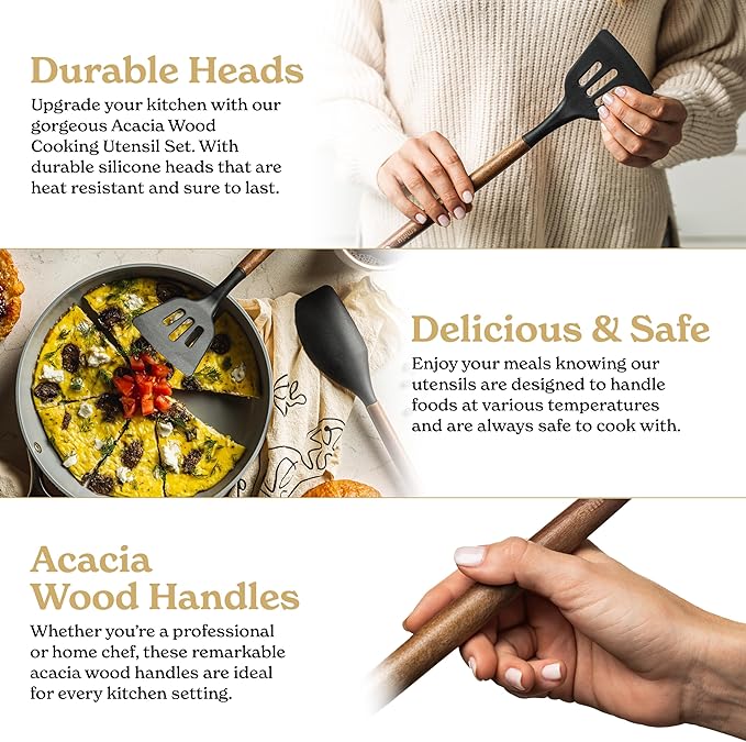 SMIRLY Kitchen Utensils Set – 22-Piece Silicone Cooking Utensils Set, Spatula Set with Holder, Wooden Handle Silicone Kitchen Gadgets for Nonstick Cookware