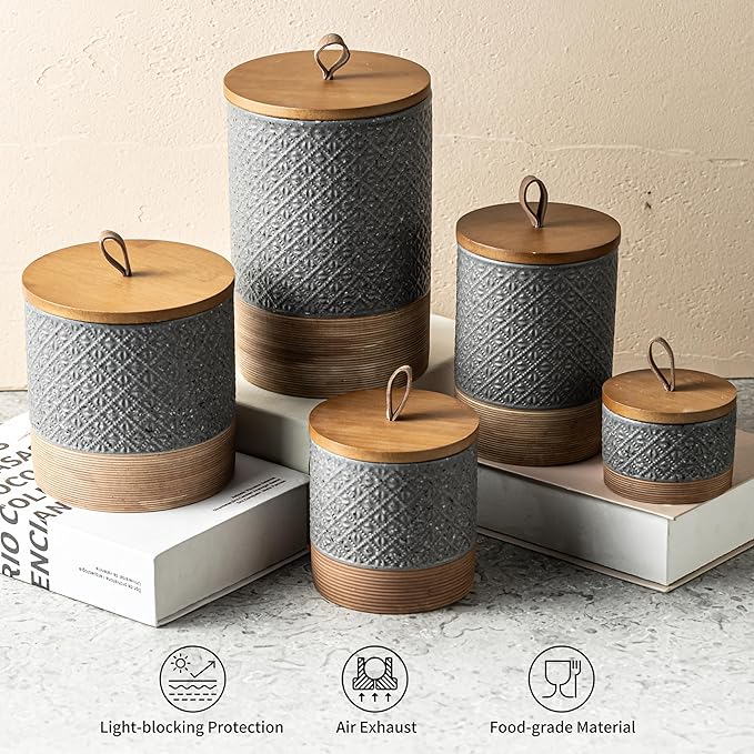 Ceramic Spice Jars with Lids, Coffee Canister with Airtight Lid, Small Kitchen Food Storage Jars for Spice Sugar Tea Bag, Stackable Decor Kitchen Jar for Counter - Gray & 20 fl.oz