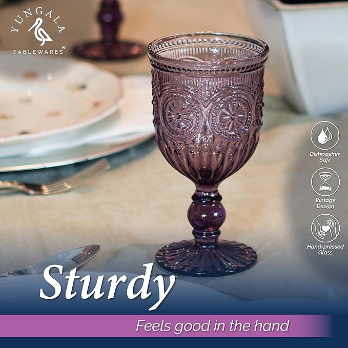 Yungala Purple Wine Glasses set of 6 purple goblets. GLASS goblets for wine, water or cocktails, vintage glassware and DISHWASHER SAFE, colorful glassware.