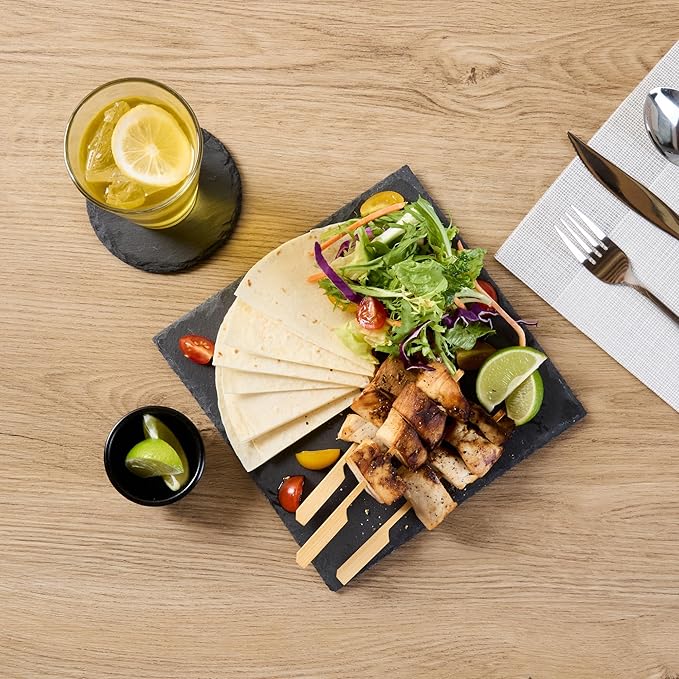 Restaurantware Slate Serving Tray 1 Pack of 8 x 8" Foam Feet Charcuterie Stone Plate Rustic Edges Freezable Black Square Serving Display Cheese Board for Kitchen, Gourmet, Dining, Parties