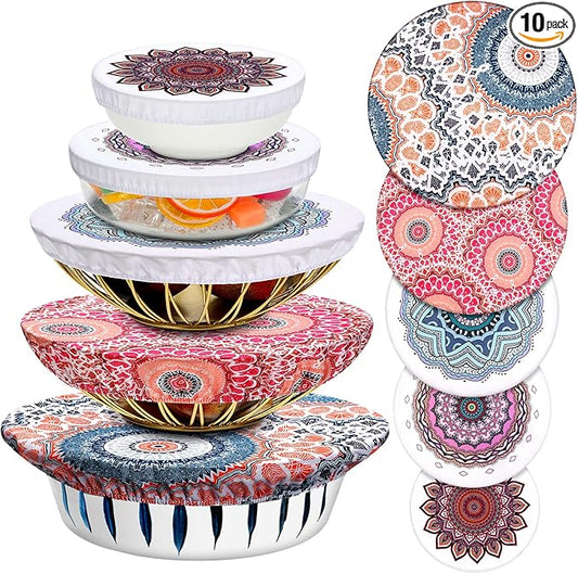 Patelai 10 Pcs Bowl Covers Reusable in 5 Size Stretch Cloth Fabric Elastic Food Storage Bowl Covers Bread Sourdough Lids for Proofing Food Fruits Leftover(Retro Style)