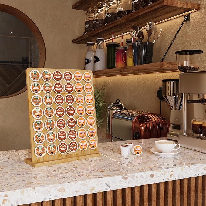 simesove K Cup Holder, Bamboo Keurig Storage Organizer, Holds 42 Pods for Coffee Bars, Offices, and Kitchens, k-cup Pod Holders Display Rack for Countertop