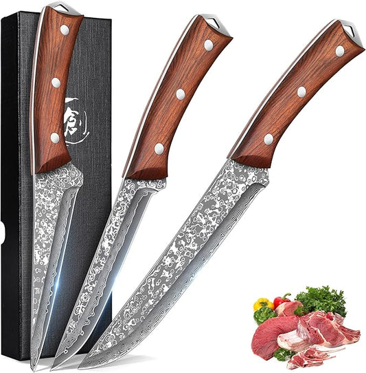 ROCOCO 3PCS Damascus Viking Boning Knife Set for Meat Cutting Deboning Brisket Trimming Fillet knives for Kitchen Camping BBQ Birthday Mothday's Day Gift