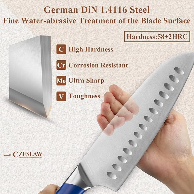 Santoku Knife 2pcs, Japanese 7" Chef Knife & 5" Vegetable Knife, Forged High Carbon German Steel, Full Tang & Razor Sharp, Ergonomic Prussia Blue Handle Design, cooking gifts cooks