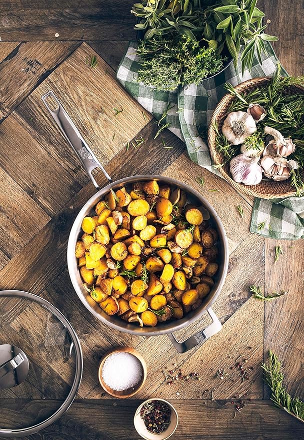 BRA COOKWARE Signature 12 Piece Cookware Set | Stainless Steel Professional Kitchenware Set | 2 Pots, 1 Sauté Pan, 3 Frying Pans, 1 Saucepan, 1 Colander, 4 Lids | All Stovetop Compatible | PFOA Free