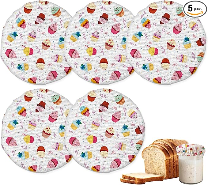 Cupcakes Pattern Sourdough Starter Jar Covers Reusable,Breathable Fabric Lids for Mason Jars,Wide Mouth and Regular Mouth(5 Pack)