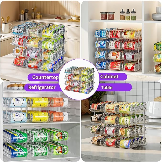 Can Organizer for Pantry, Upgraded Thickened Modular 4 Tier Combinable Can Storage and Beverage Dispenser Rack, Canned Food Organizer Holds 48 Cans, Clear Can Holders for Pantry and FridgeFridge