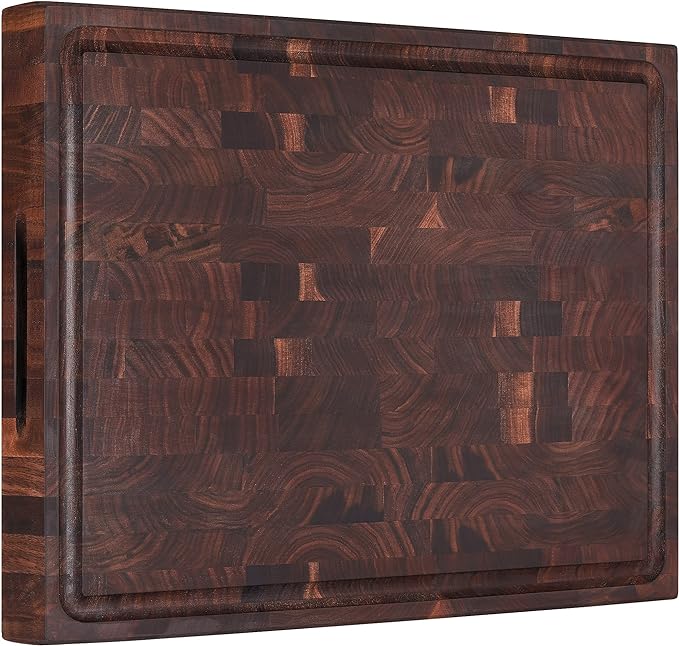 AZRHOM Large End Grain Walnut Wood Cutting Board 17x13x1.5 in Thick Butcher Block for Kitchen with Non-slip Mats Juice Groove & Handles (Gift Box)
