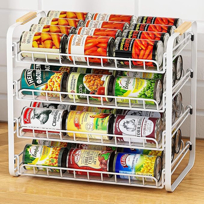 MAXIFFE 4 Tier Can Organizer for Pantry, 16.9"W×11.5"D×16.7"H, Space-Saving Adjustable Metal Hold 40 Standard 12-oz Cans Storage Rack Holder for Countertop Kitchen Soda Drinks Fruits, White