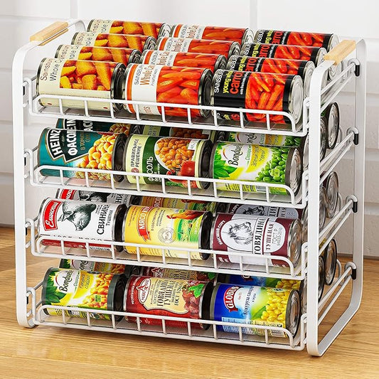 MAXIFFE 4 Tier Can Organizer for Pantry, 16.9"W×11.5"D×16.7"H, Space-Saving Adjustable Metal Hold 40 Standard 12-oz Cans Storage Rack Holder for Countertop Kitchen Soda Drinks Fruits, White