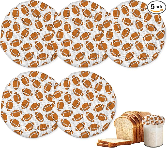 American Football Sourdough Jar Cover Reusable Cloth Lid for Sour Dough Starter Jar,5 Pack Bread Fermentation Container Tops Elastic Fabric Caps
